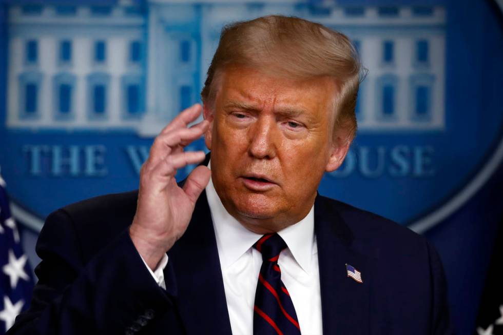 President Donald Trump speaks during a briefing with reporters in the James Brady Press Briefin ...