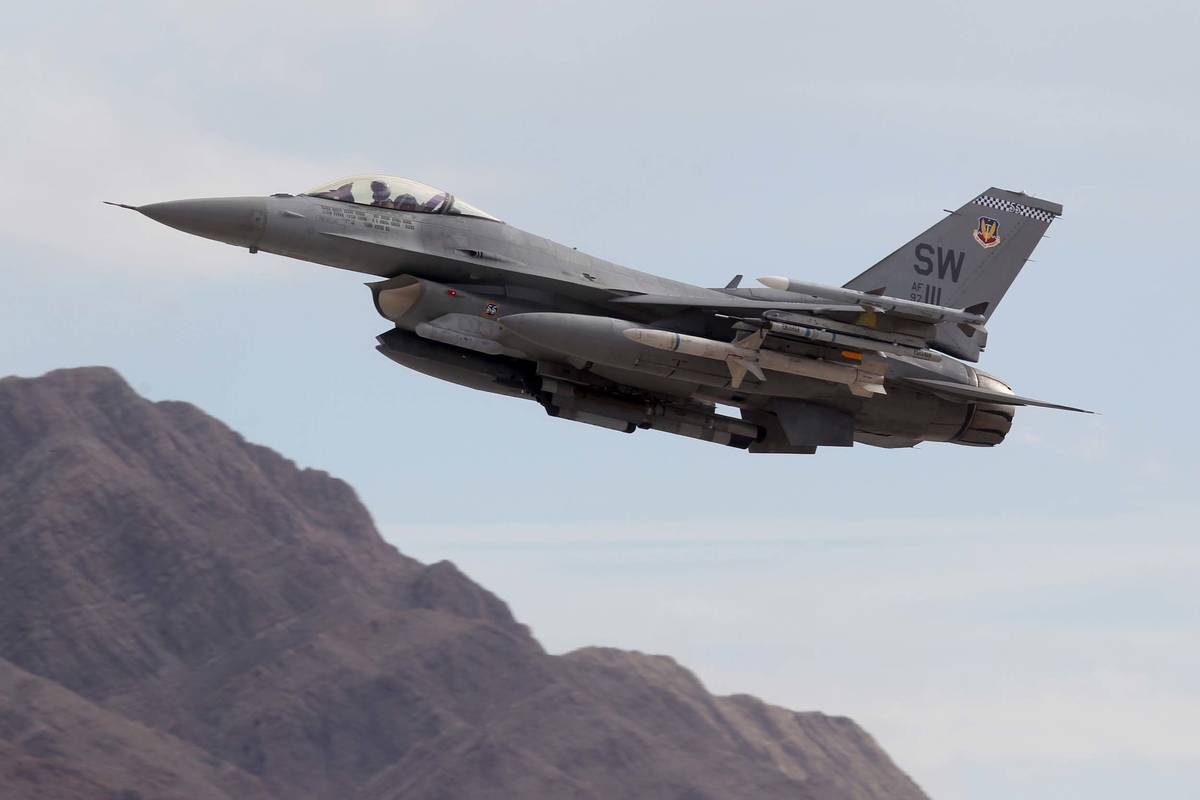 An F-16 takes off from Nellis Air Force Base in Las Vegas during Red Flag air combat exercise T ...
