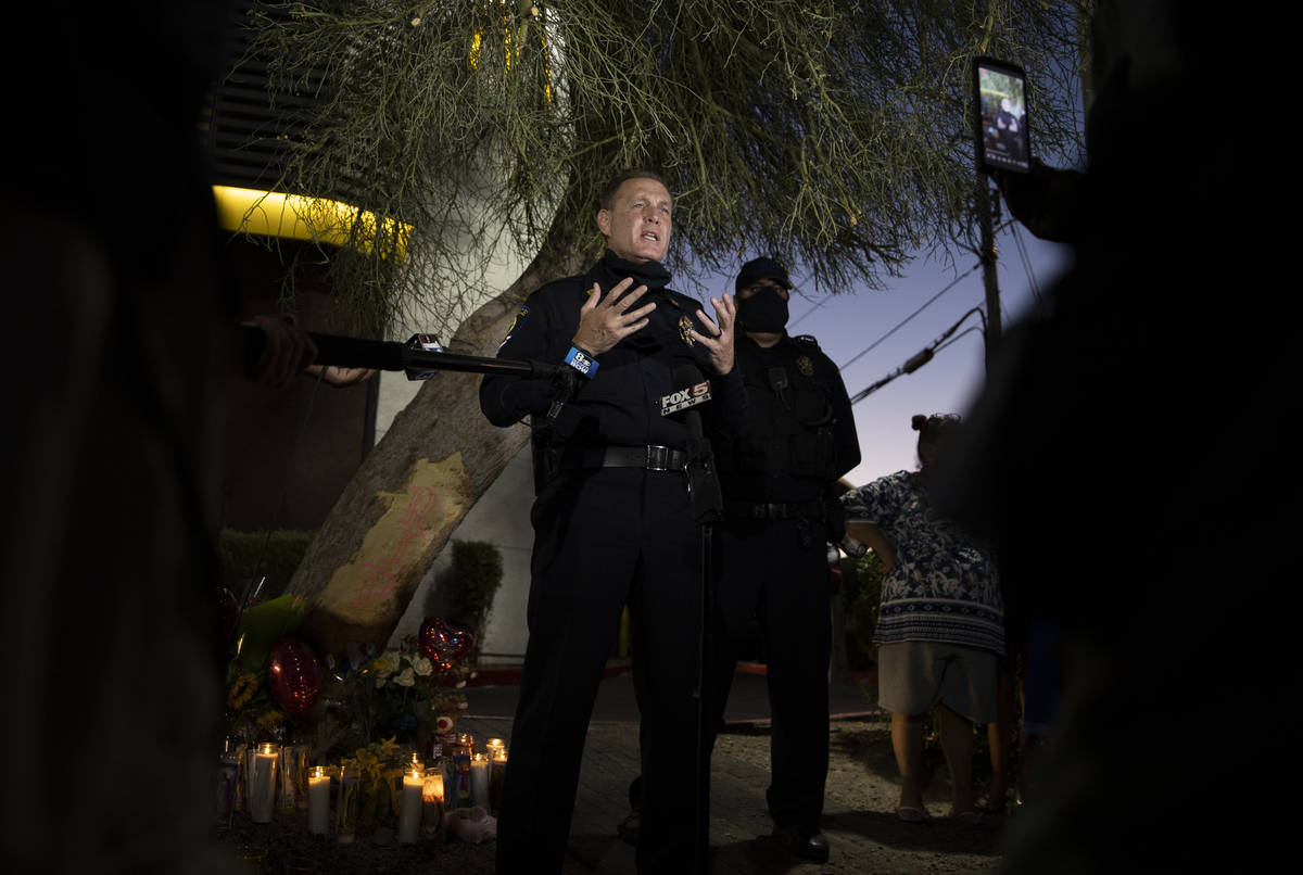 Robert Mayer, a captain with the CCSD Police Department, speaks during a vigil for Nelly Amaya- ...
