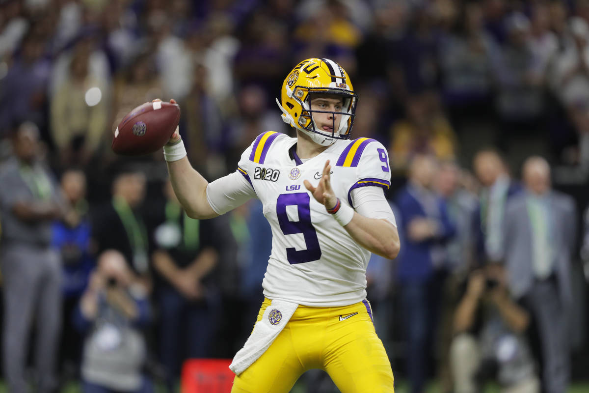 In this Jan. 13, 2020, file photo, LSU quarterback Joe Burrow throws a pass against Clemson dur ...