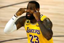LeBron James of the Los Angeles Lakers reacts against the Oklahoma City Thunder during the seco ...
