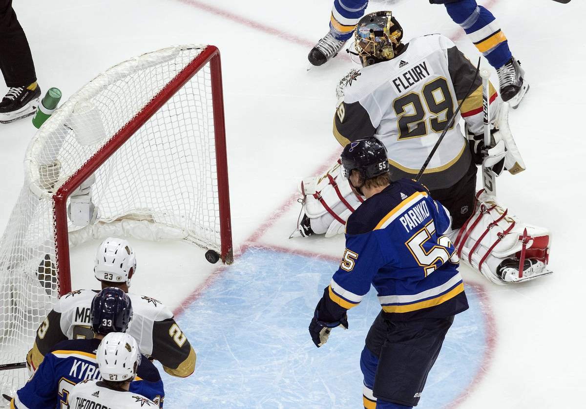 St. Louis Blues' Colton Parayko (55) scores a goal on Vegas Golden Knights goalie Marc-Andre Fl ...