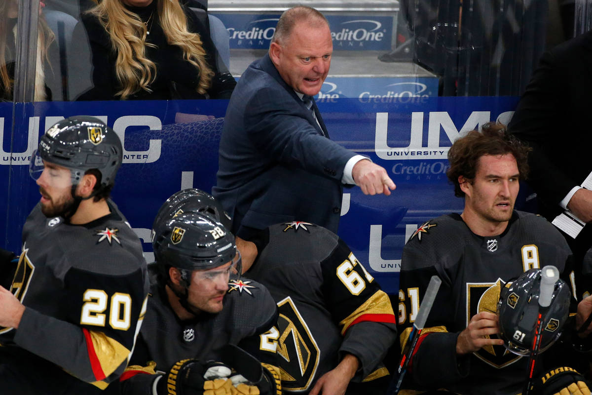 Vegas Golden Knights head coach Gerard Gallant is seen during the third period of an NHL hockey ...