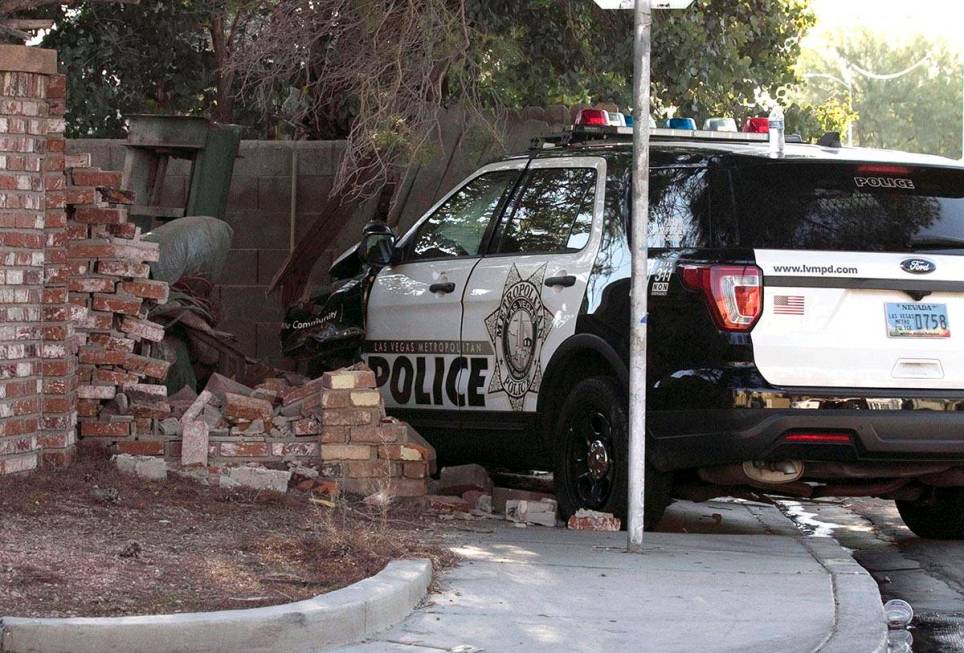 A Las Vegas police unit crashed into a wall during pursuit at Arville Street and El Camino Aven ...