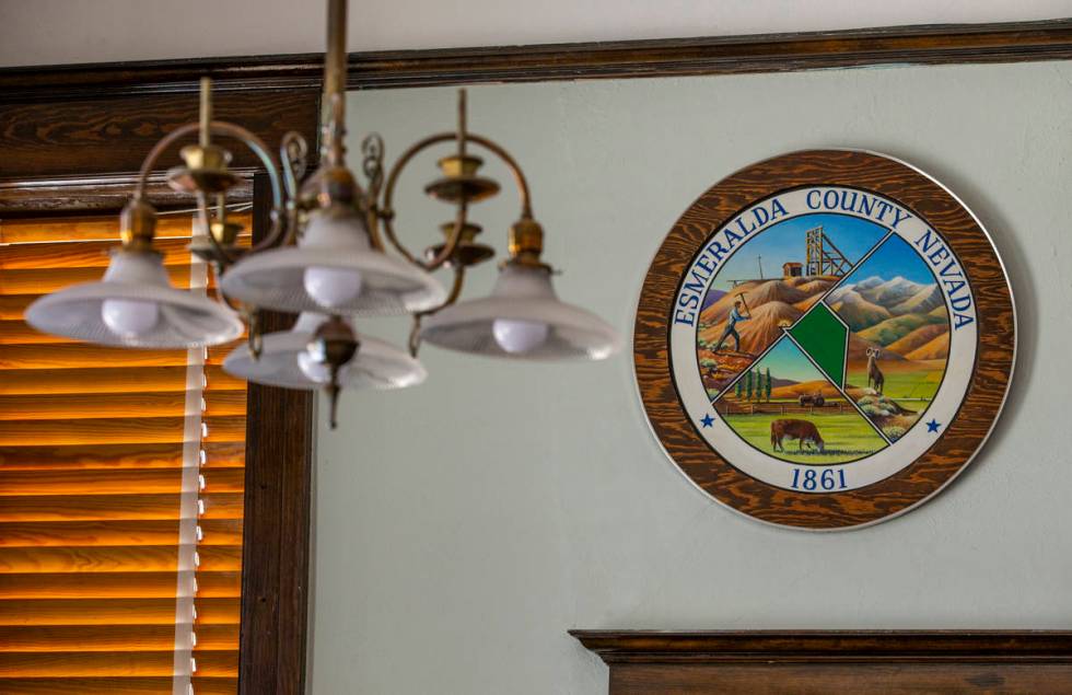 An Esmeralda County seal hangs within the courtroom at the courthouse on Tuesday, August 11, 20 ...