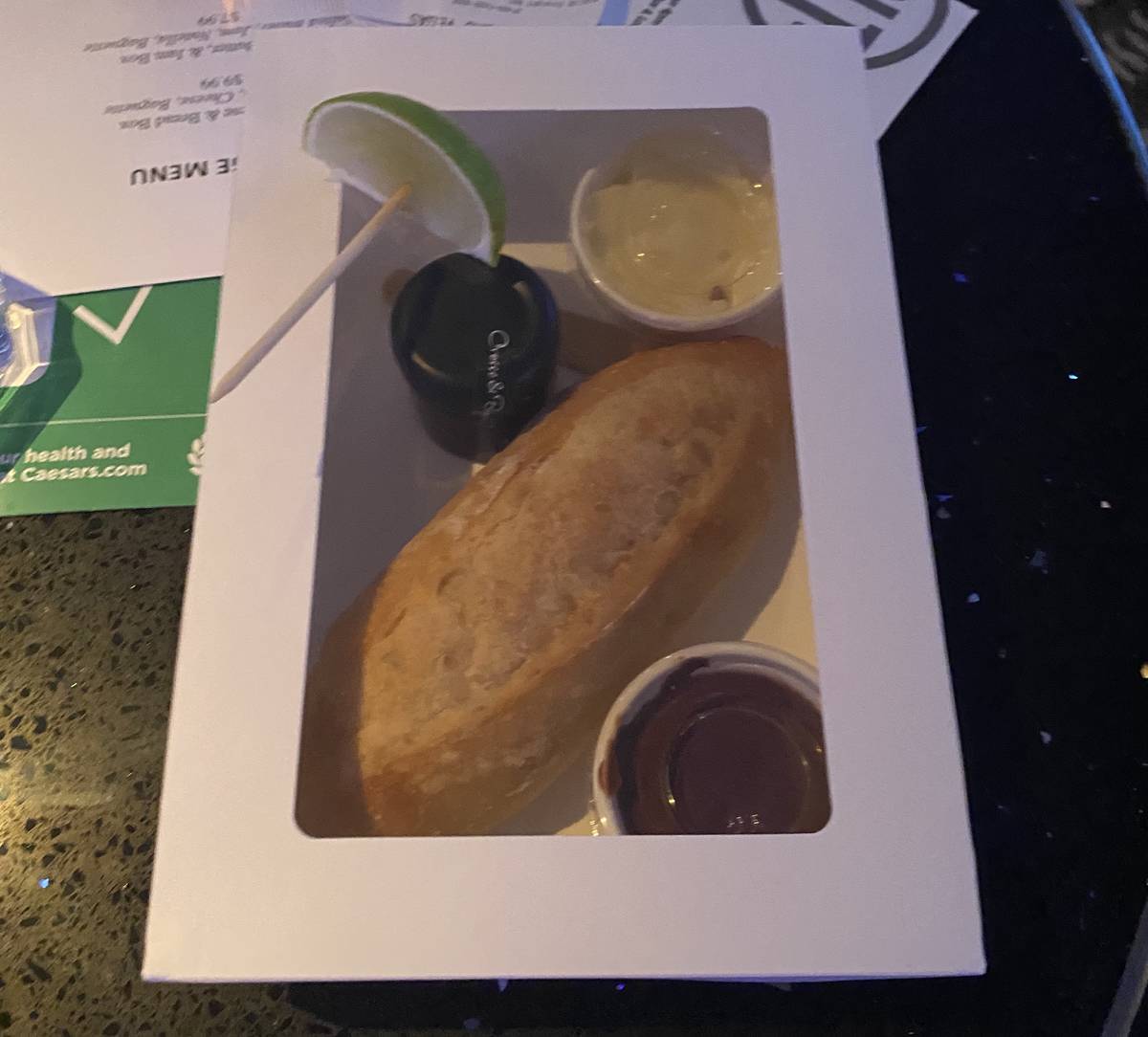 A look at one of the food boxes offered at Indigo lounge at Bally's on Saturday, Aug. 9, 2020. ...