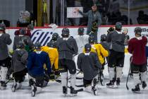 Vegas Golden Knights head coach Peter DeBoer talks about the next drill to his players during p ...