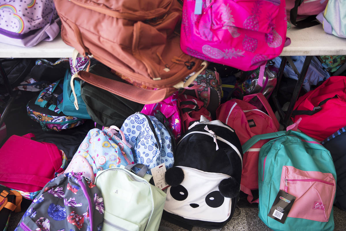 Backpacks at a back-to-school drive at Peggy’s Attic in Las Vegas, Sunday, Aug. 9, 2020. ...