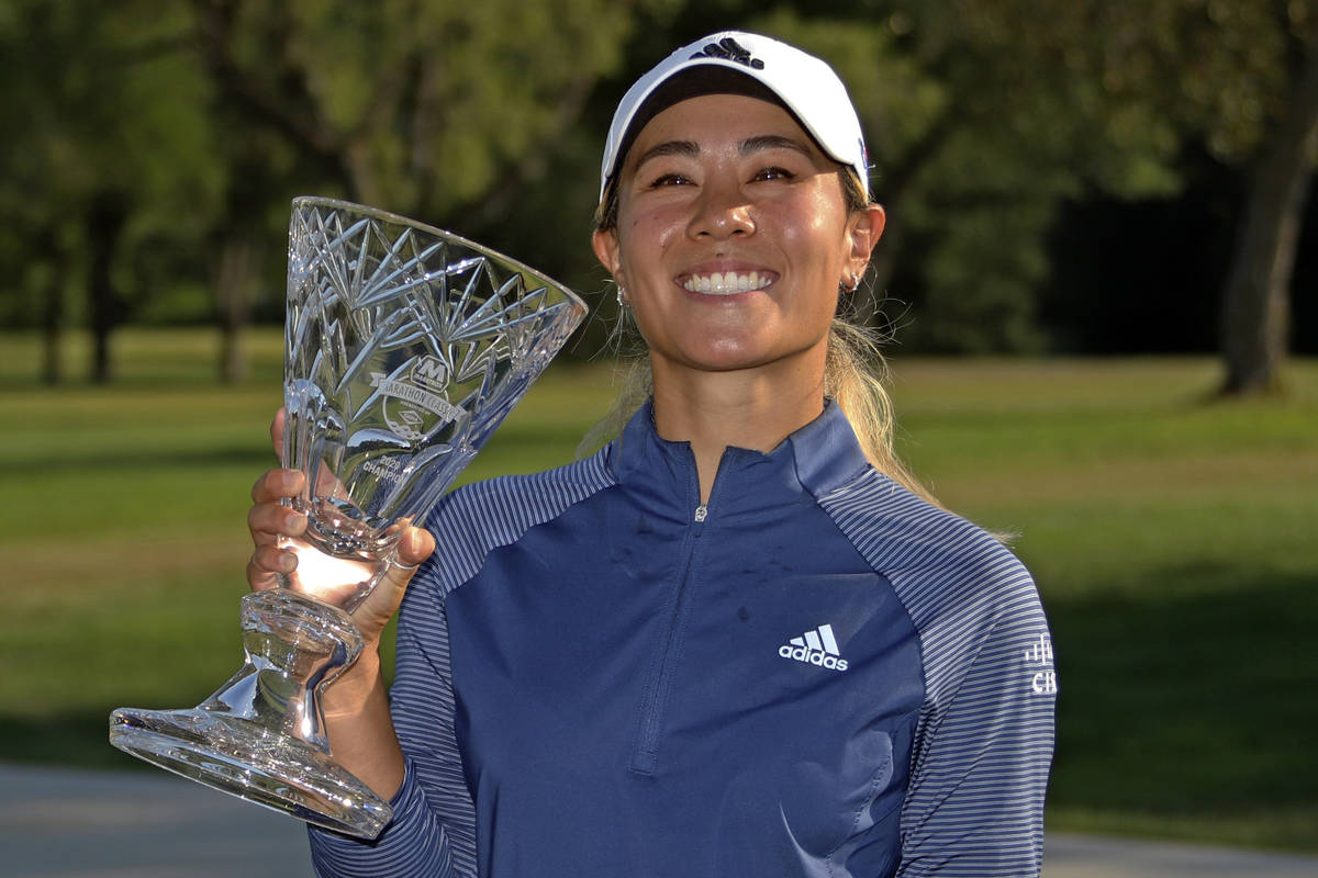 Danielle Kang poses with the trophy for winning the Marathon Classic LPGA golf tournament Sunda ...