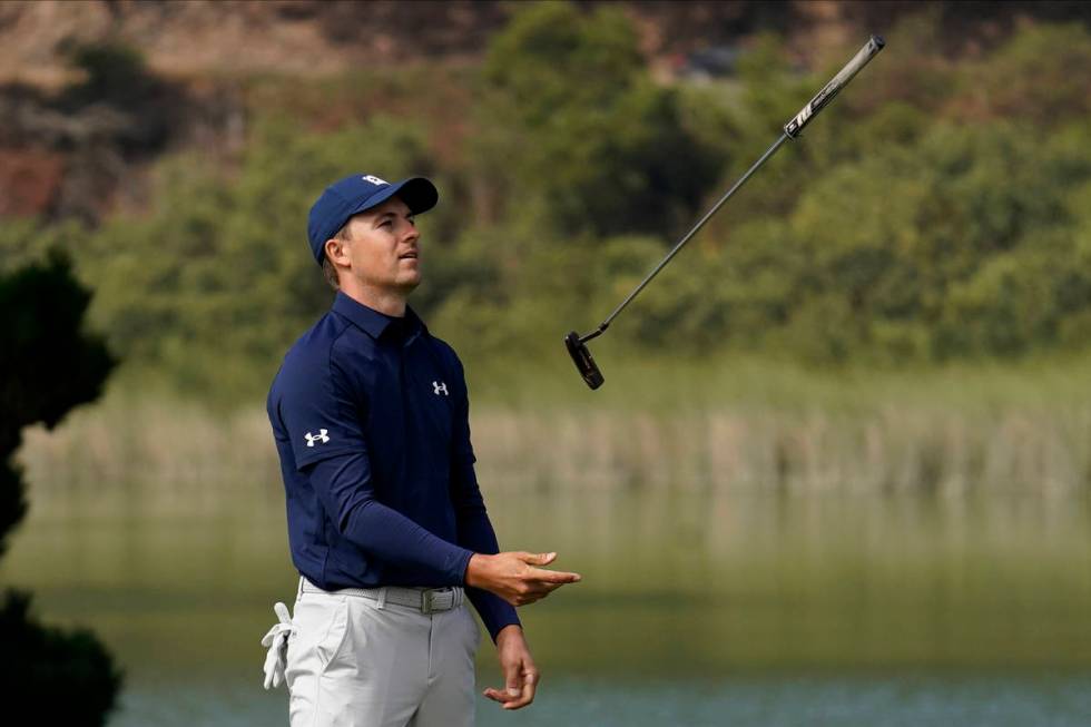 Jordan Spieth reacts after missing a putt on the 17th hole during the first round of the PGA Ch ...