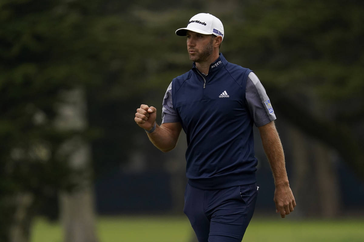 Dustin Johnson celebrates on the second hole during the final round of the PGA Championship gol ...