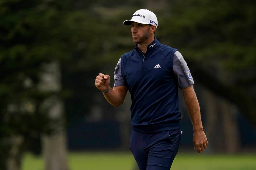 Dustin Johnson celebrates on the second hole during the final round of the PGA Championship gol ...