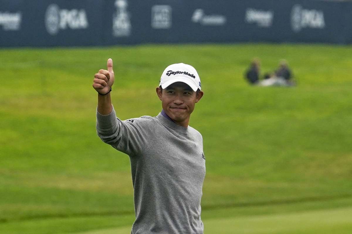 Collin Morikawa celebrates after winning the PGA Championship golf tournament at TPC Harding Pa ...