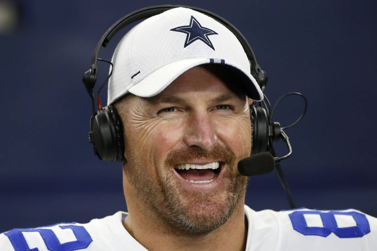 In this Aug. 29, 2019, file photo, Dallas Cowboys tight end Jason Witten (82) smiles as he give ...