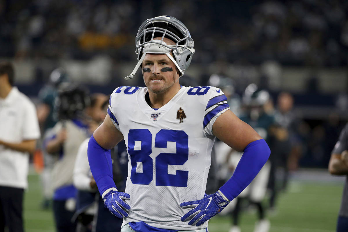 FILE - In this Oct. 10, 2019, file photo, Dallas Cowboys' Jason Witten (82) warms up before an ...