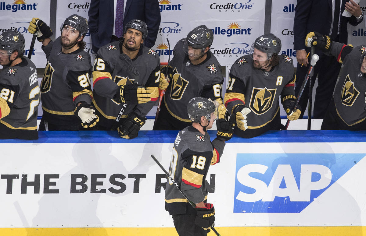 Vegas Golden Knights' Reilly Smith (19) is congratulated for a goal against the Chicago Blackha ...