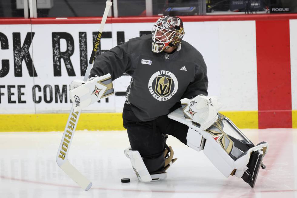 Vegas Golden Knights goaltender Robin Lehner (90) stretches during a team practice at City Nati ...