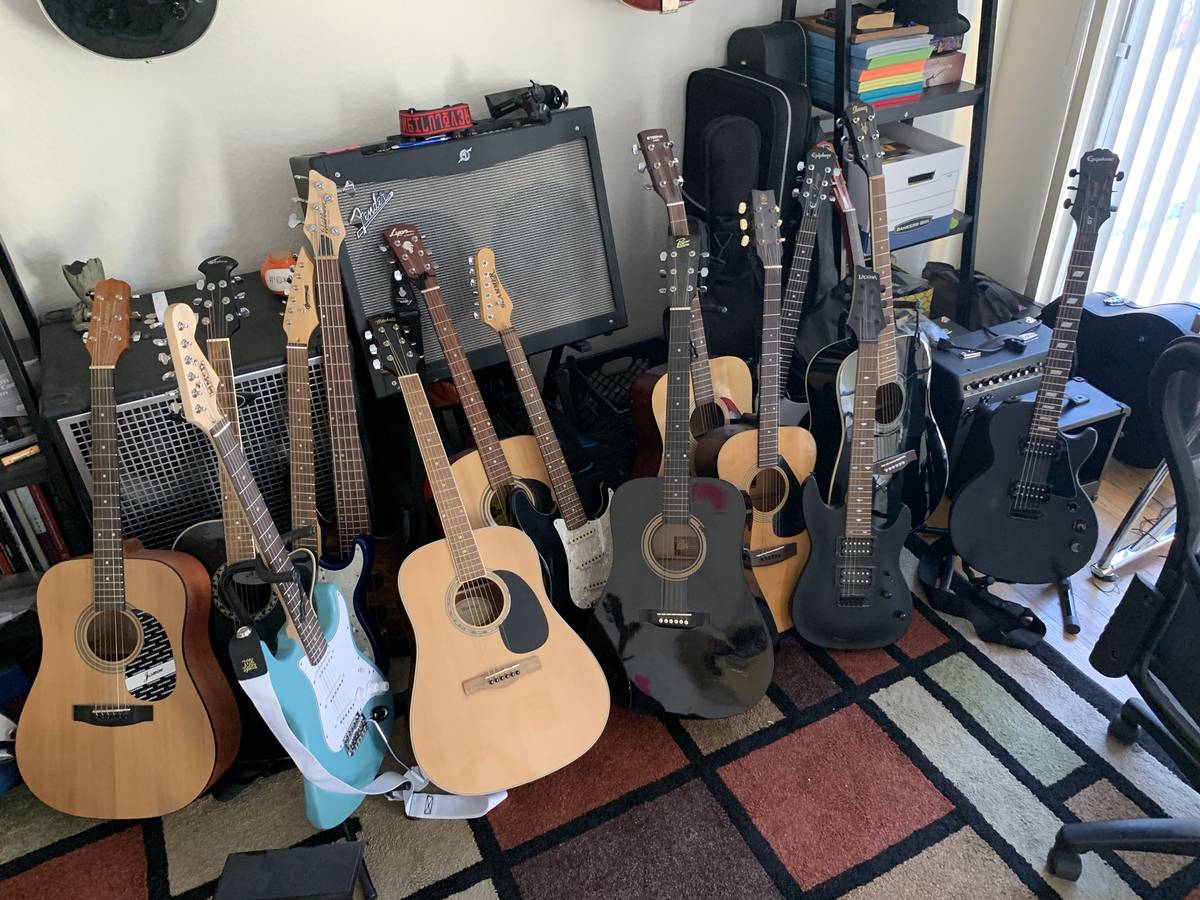 Some of the guitar donations Kleemann received from the community that saw his plea for help. H ...
