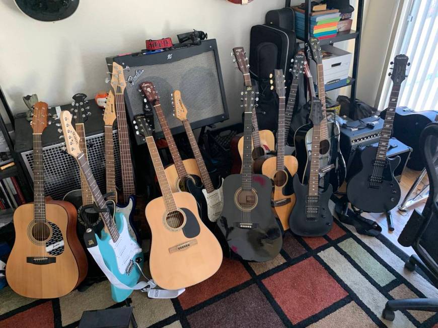Some of the guitar donations Kleemann received from the community that saw his plea for help. H ...