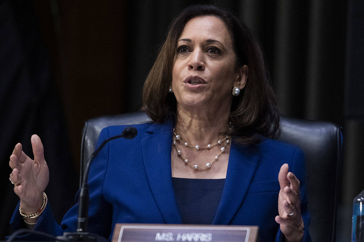 In this June 16, 2020, photo, Sen. Kamala Harris, D-Calif., asks a question during a Senate Jud ...