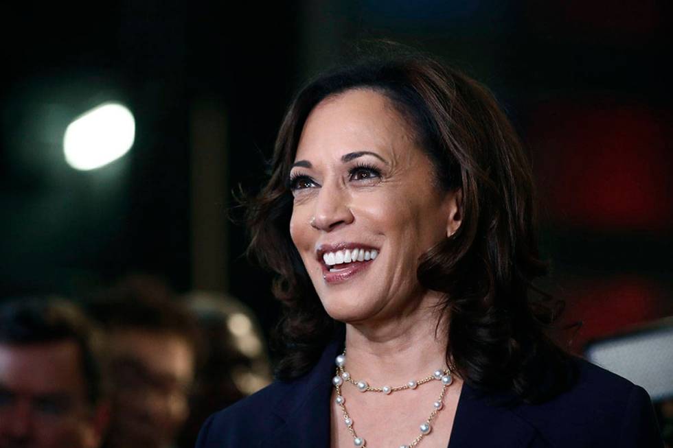 FILE - In this June 27, 2019, file photo, then-Democratic presidential candidate Sen. Kamala Ha ...