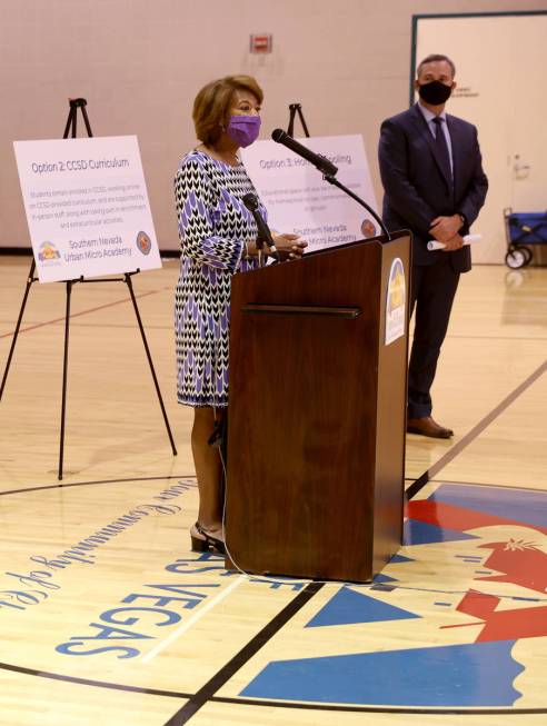 North Las Vegas Councilwoman Pamela Goynes-Brown speaks during a news conference at Silver Mesa ...