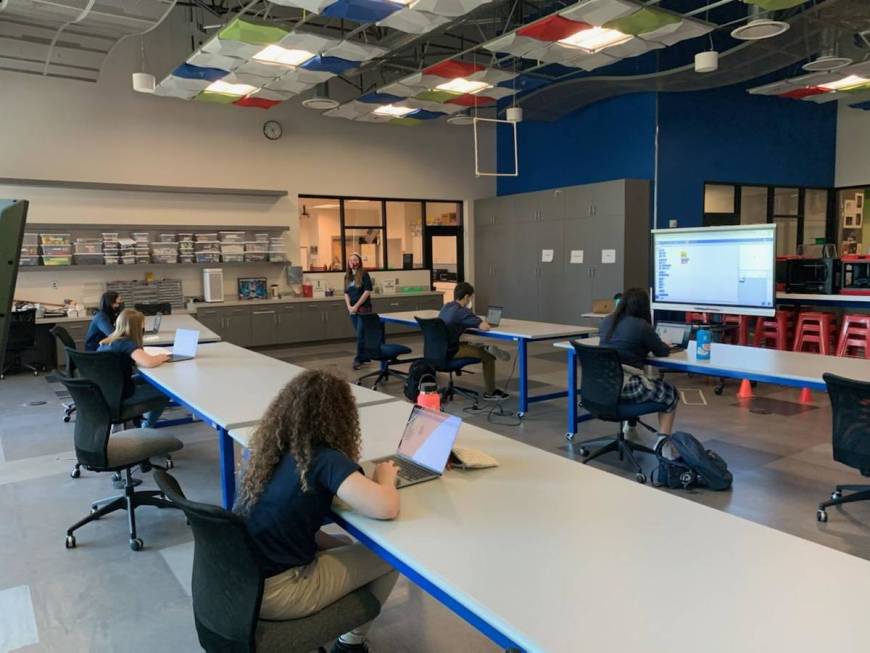 Students participate in class on the first day of school Wednesday, Aug. 12, 2020 at the Dr. Mi ...