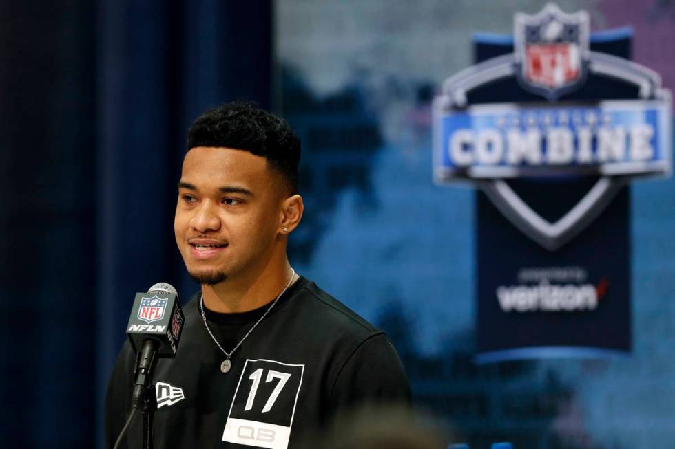 FILE - In this Feb. 25, 2020, file photo, Alabama quarterback Tua Tagovailoa speaks during a pr ...