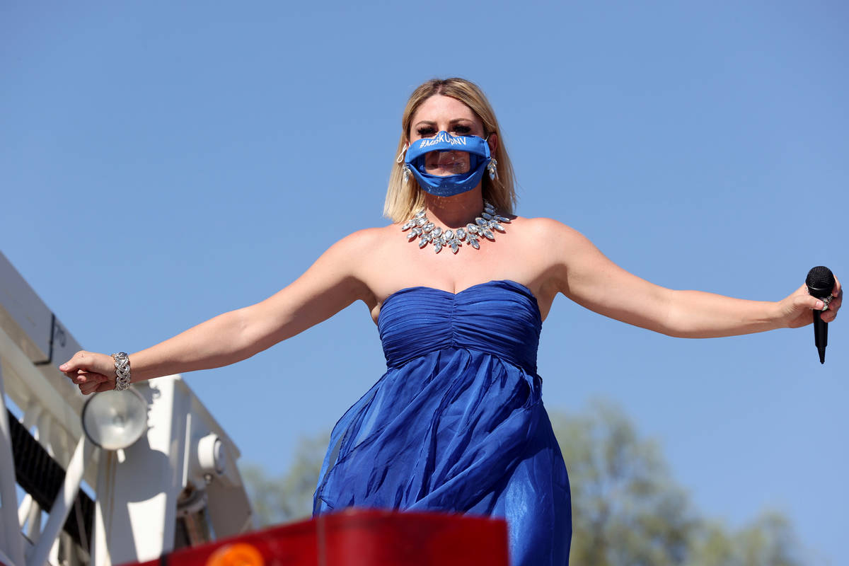 Singer Emily Yates performs on a fire truck during a show for medical professionals at Valley H ...