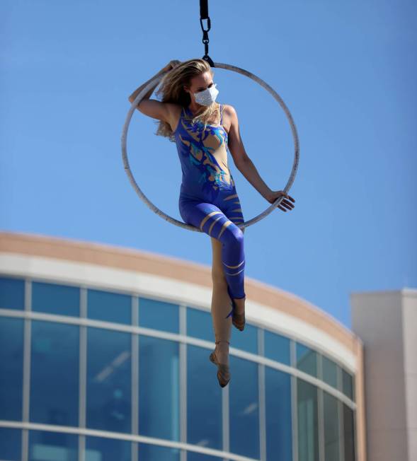 Aerialist Alyssa McCraw performs a #MaskUpNV show for medical professionals at Spring Valley Ho ...
