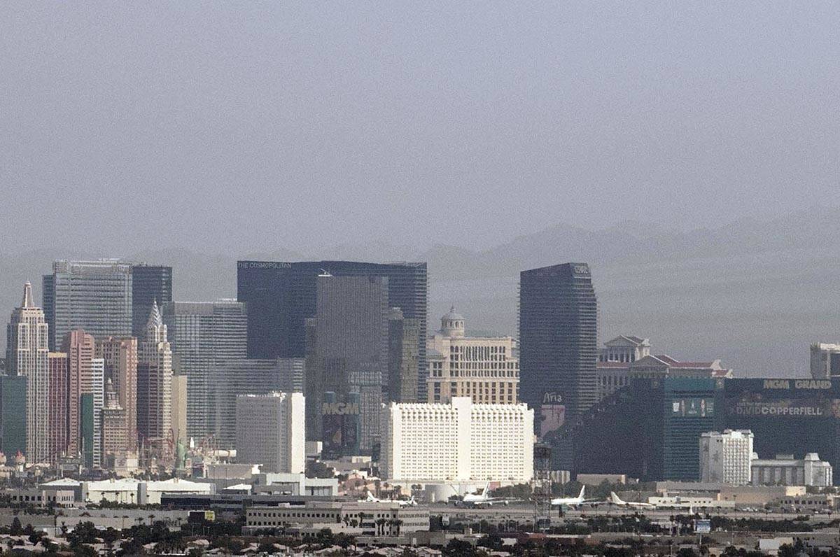 A haze hangs over the Strip as seen from Henderson on Thursday, Aug. 13, 2020, in Las Vegas. Sm ...