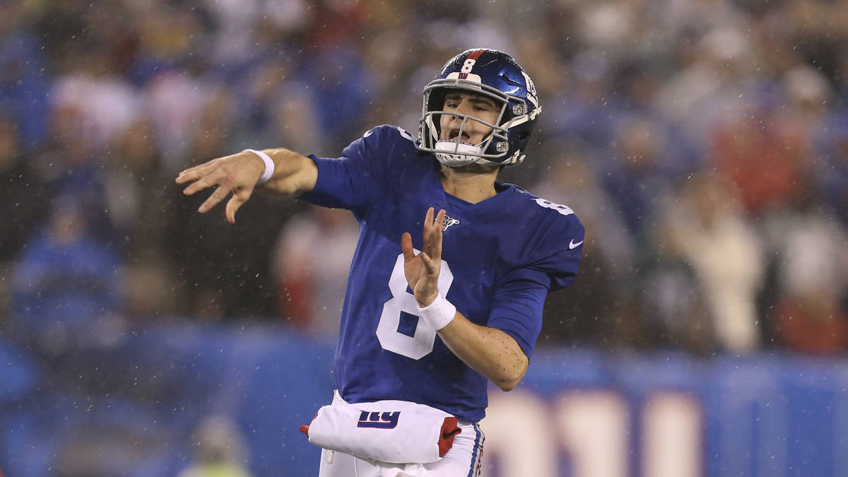 New York Giants quarterback Daniel Jones (8) during an NFL football game against the Philadelph ...