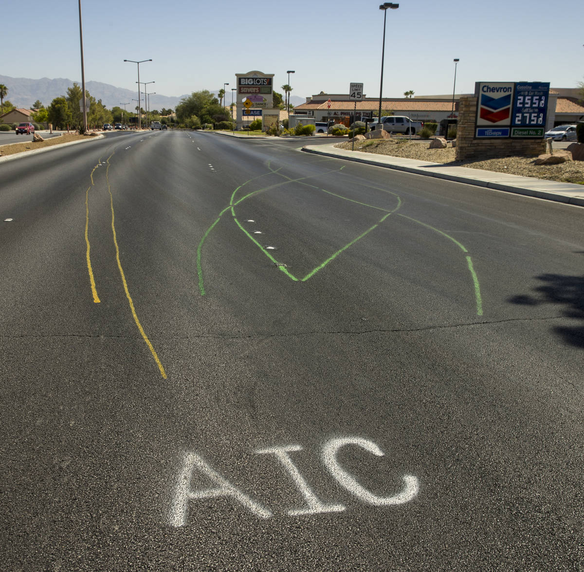 Accident scene markings visible near Rampart and Lake Mead boulevards on Tuesday, July 14, 2020 ...