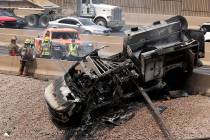 A vehicle fire on I-15 North near the Martin Luther King Boulevard in Las Vegas, Thursday, Aug. ...