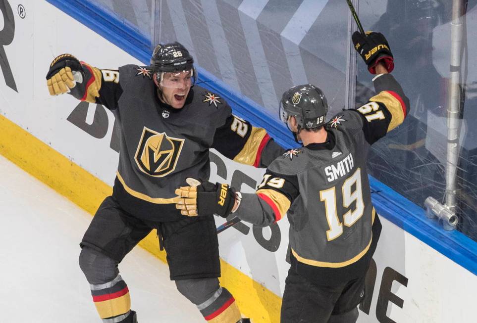 Vegas Golden Knights' Paul Stastny (26) and Reilly Smith (19) celebrate a goal against the Chic ...