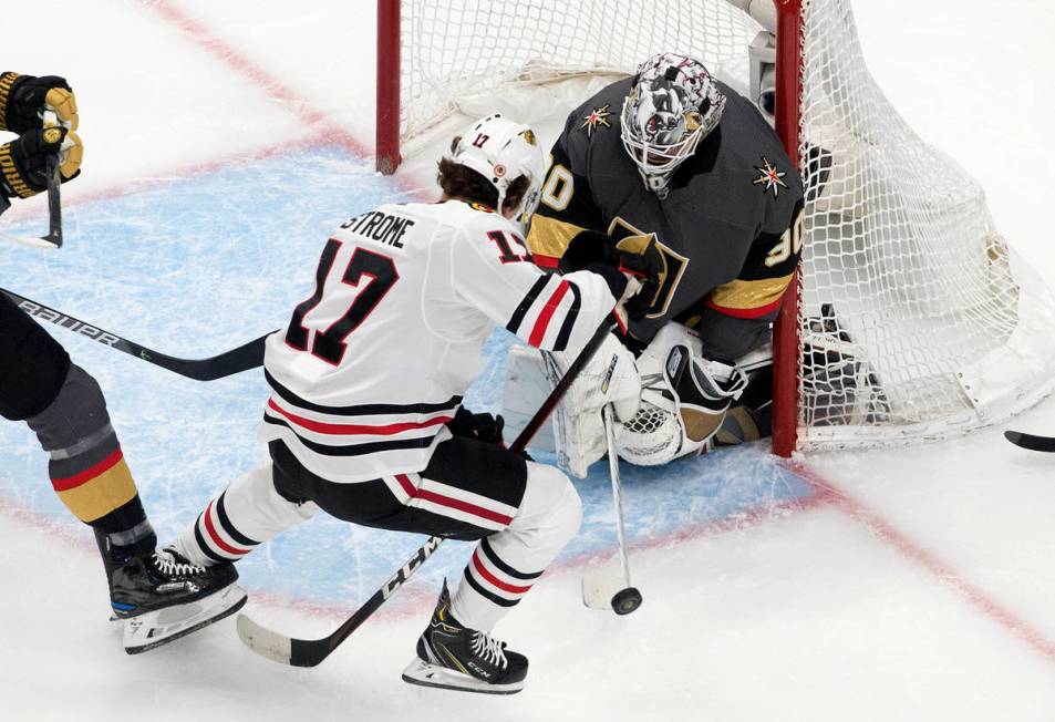 Vegas Golden Knights goalie Robin Lehner (90) makes the save against Chicago Blackhawks' Dylan ...