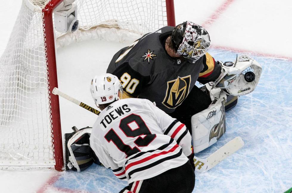 Vegas Golden Knights goalie Robin Lehner (90) makes the save on Chicago Blackhawks' Jonathan To ...