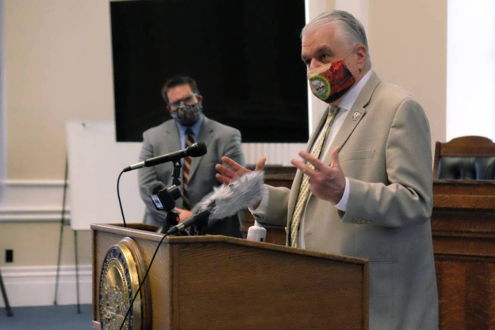 Gov. Steve Sisolak at a press briefing at the Capitol Monday on the state's new COVID-19 mitiga ...