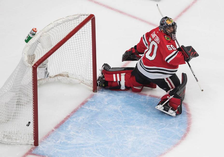 Chicago Blackhawks goalie Corey Crawford gives up a goal to the Vegas Golden Knights during the ...