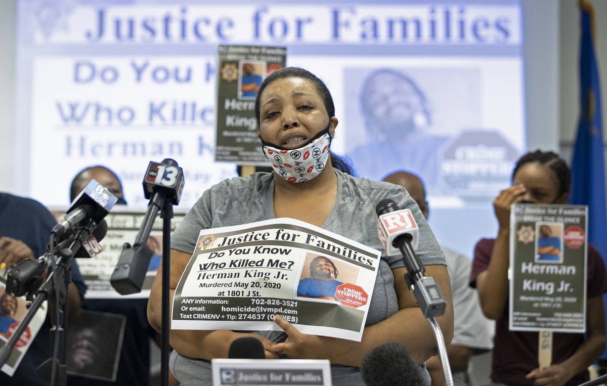 Hermanda Taylor pleads with the public at a press briefing on Tuesday, Aug. 18, 2020, for infor ...