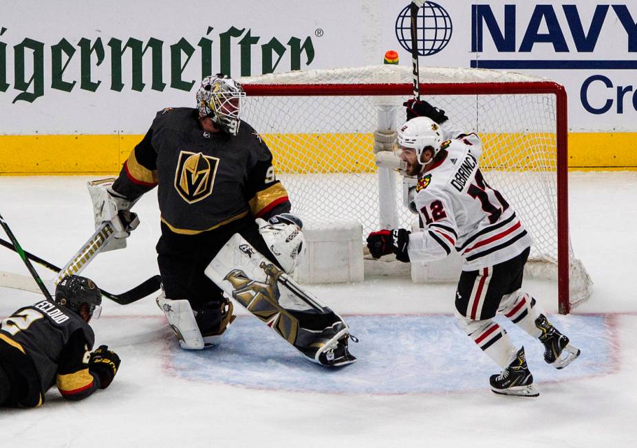 Vegas Golden Knights goalie Robin Lehner (90) is scored on by Chicago Blackhawks' Alex DeBrinca ...