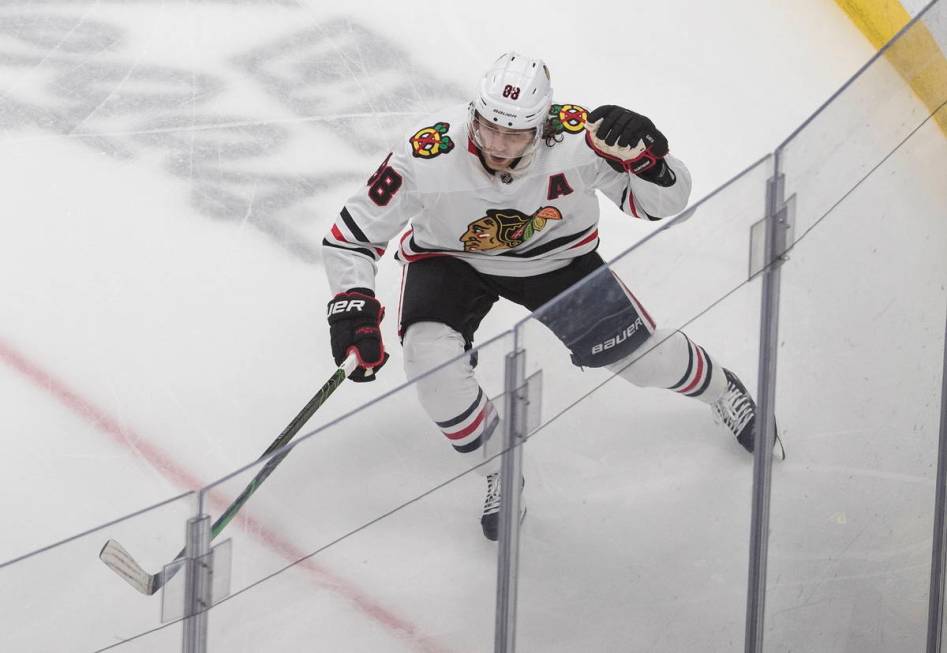 Chicago Blackhawks' Patrick Kane (88) celebrates a goal against the Vegas Golden Knights during ...