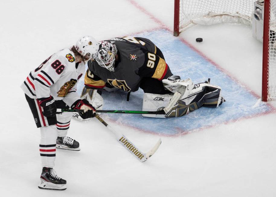 Vegas Golden Knights goalie Robin Lehner gives up a goal to Chicago Blackhawks' Patrick Kane (8 ...