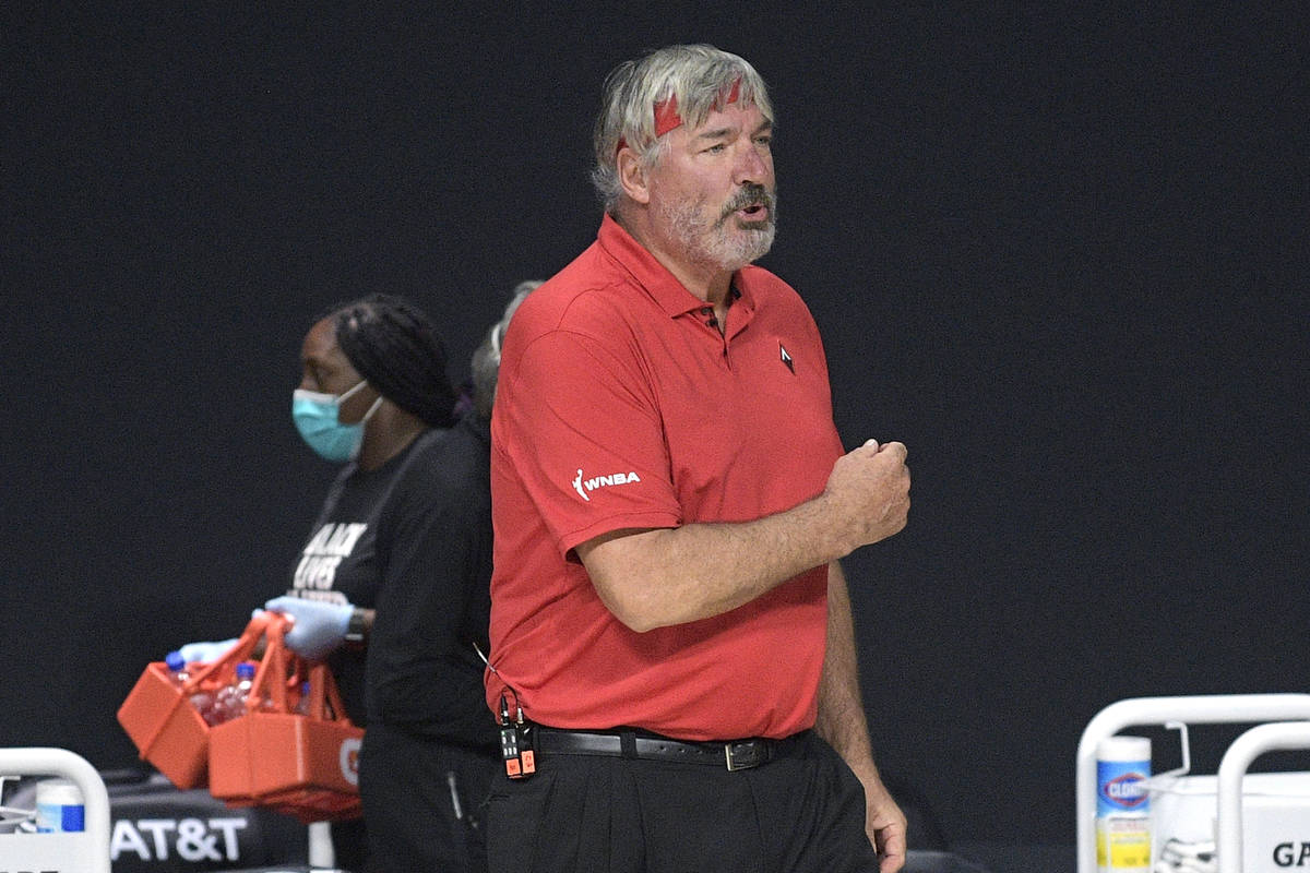 Las Vegas Aces head coach Bill Laimbeer reacts after a play during the first half of a WNBA bas ...