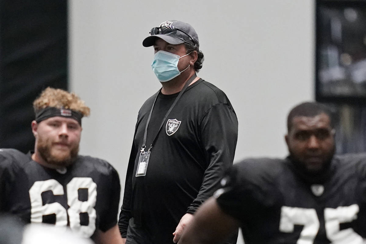 Raiders defensive coordinator Paul Guenther walks on the field during an NFL football training ...