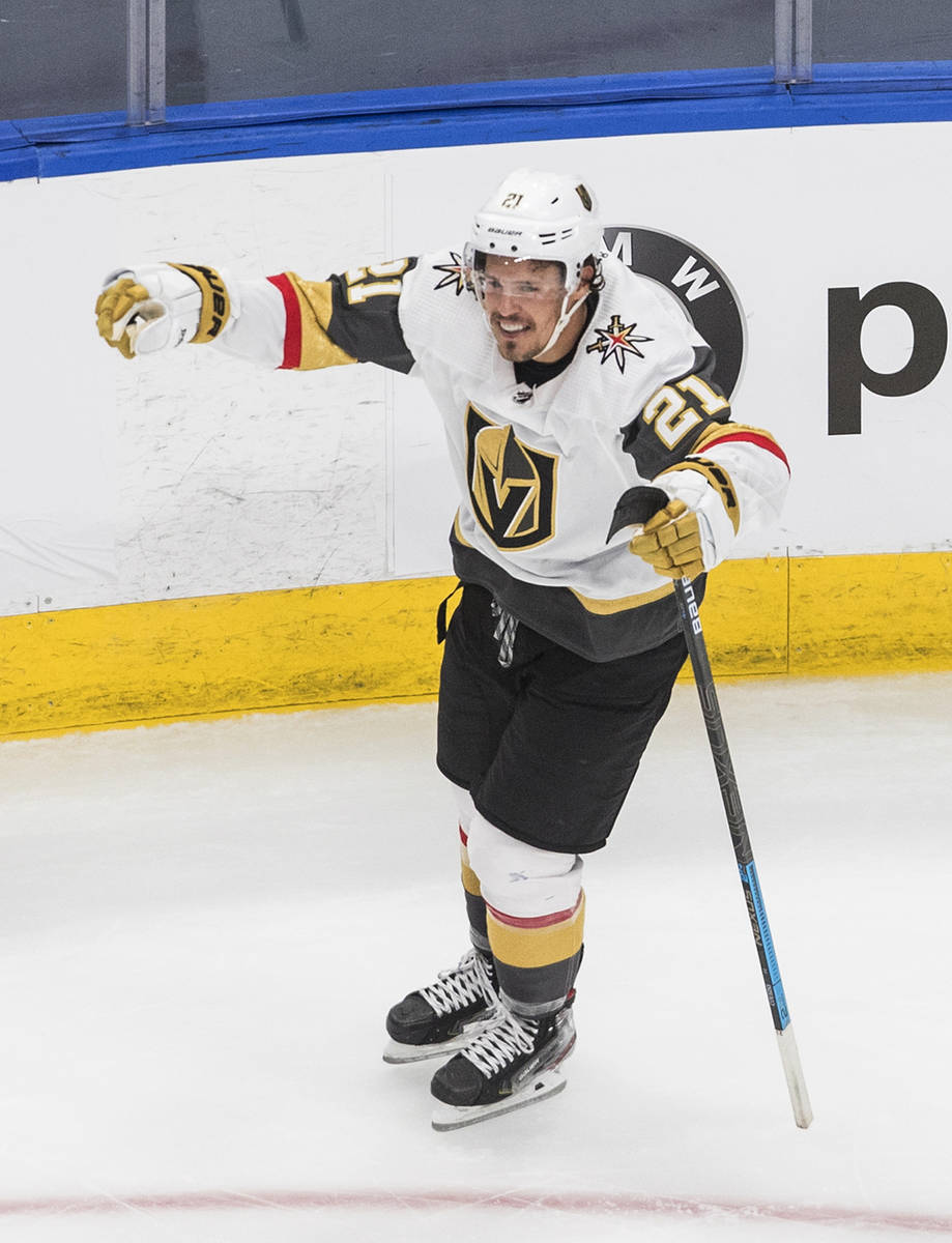 Vegas Golden Knights' Nick Cousins celebrates a goal against the Arizona Coyotes during the thi ...