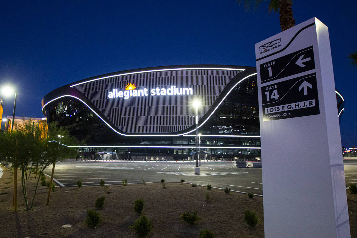 Signage at Allegiant Stadium in Las Vegas on Thursday, July 30, 2020. The stadium, home to the ...