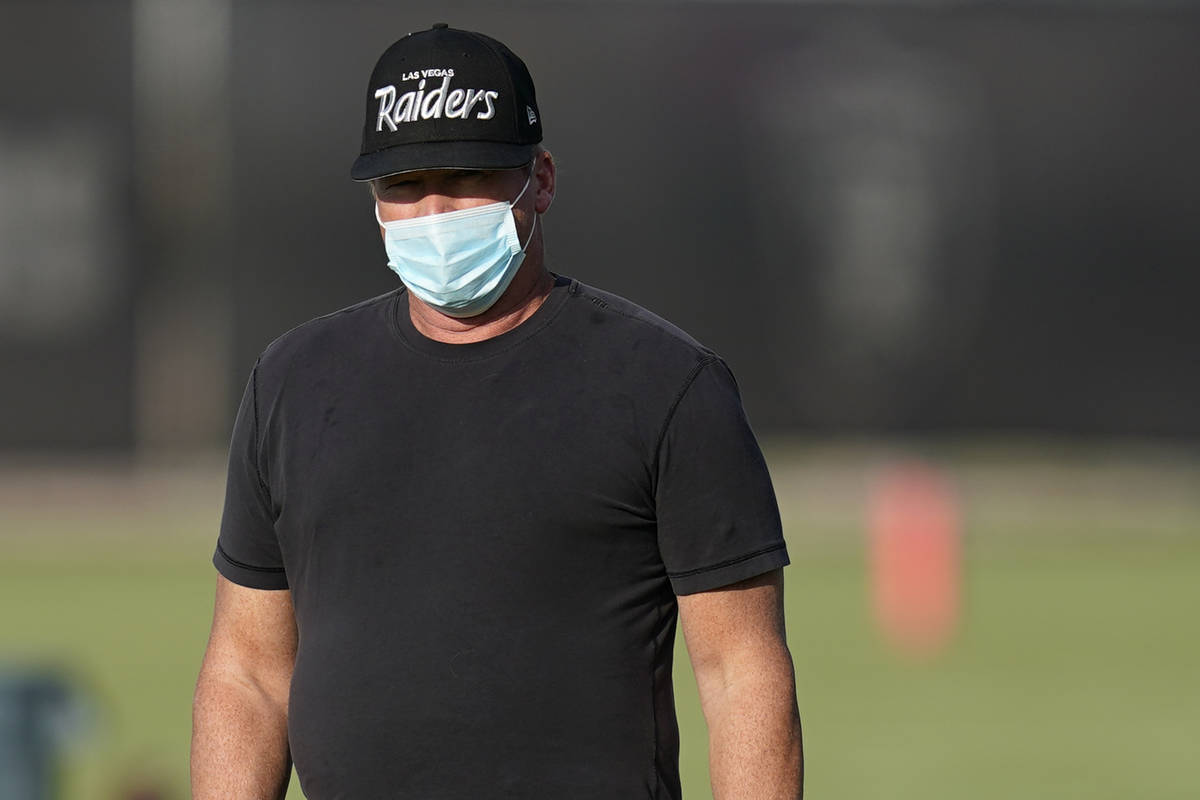 Las Vegas Raiders head coach Jon Gruden watches during an NFL football training camp practice T ...