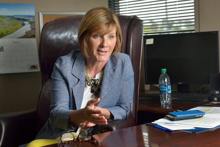 Rep. Susie Lee, D-Nev., talks during an interview in her Las Vegas office in April 2019. (Las V ...