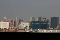 A haze hangs over the Strip on Friday, Aug. 21, 2020, in Las Vegas. Because of wildfires all ov ...